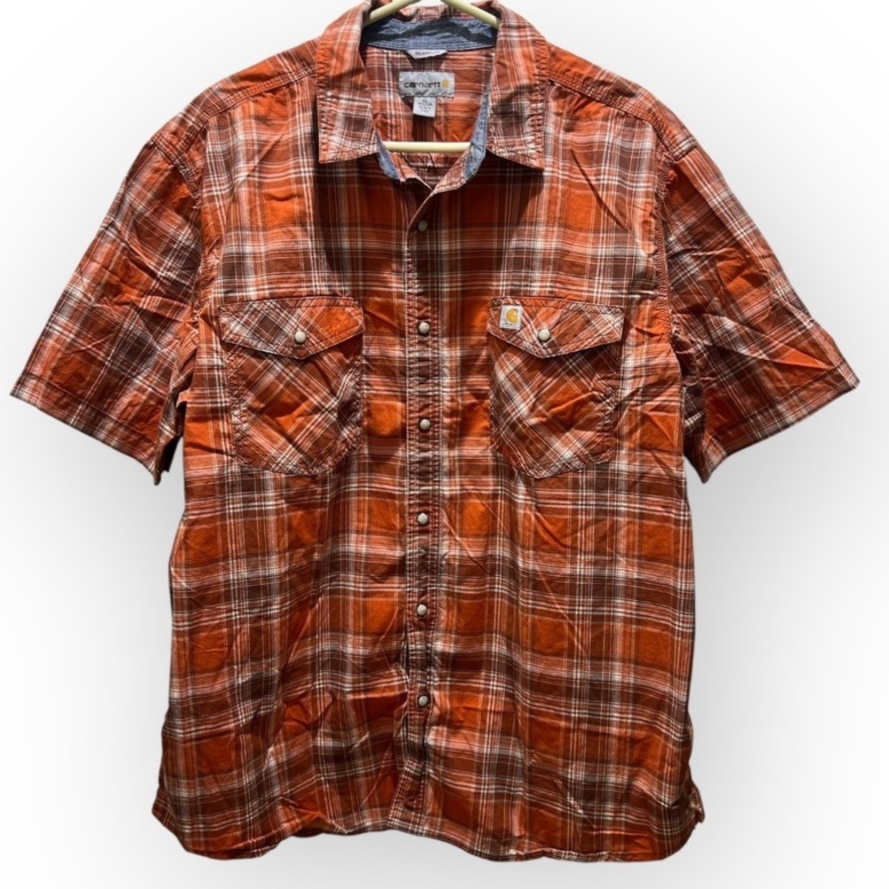 Carhartt Relaxed Fit Orange Plaid‎ Short Sleeve Work Shirt XL Regular RN14806
